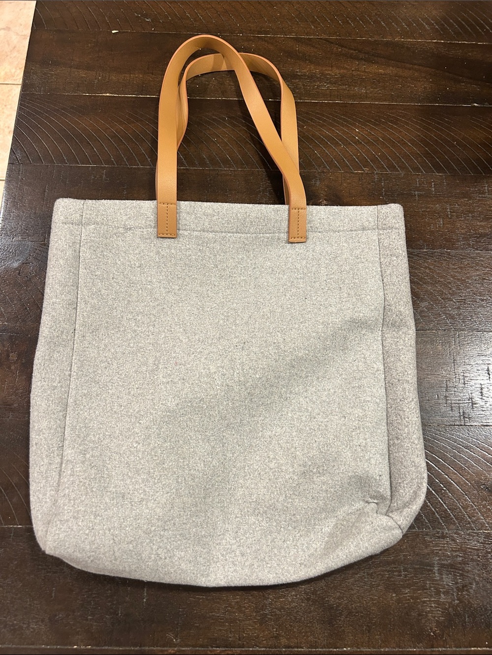 Wool Tote Bag with Tan Leather Handles and Pom Accent image 2